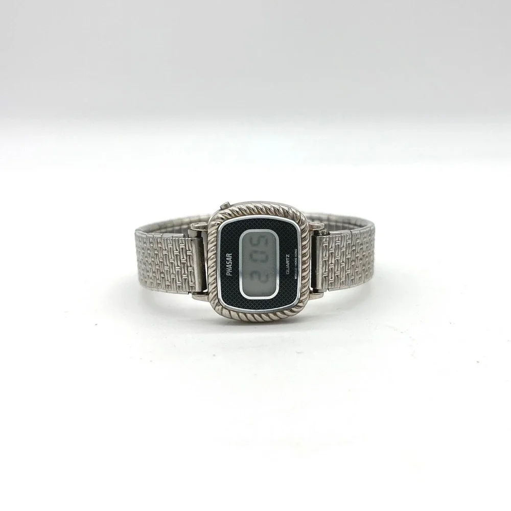 Phasar‎ Digital Watch Sears Roebuck Y450-4290 Silver Tone Rope Bezel Vintage
